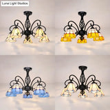 Semi Flush Tiffany Lighting With Curved Arm - Choose From 3 5 Or 6 Lights Stained Glass In White