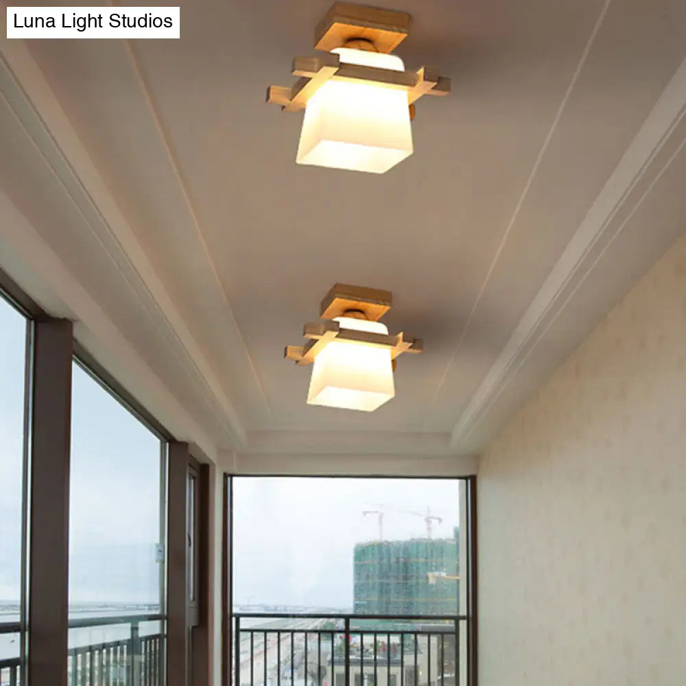 Semi Flush Wood Ceiling Lamp With Hand-Blown Milk Glass Shade For Balcony