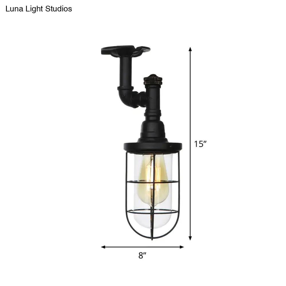 Semi Flushmount Antiqued Black Iron Ceiling Lamp With Clear Glass Shade