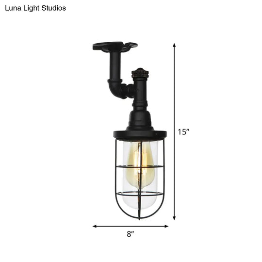 Semi Flushmount Antiqued Black Iron Ceiling Lamp With Clear Glass Shade