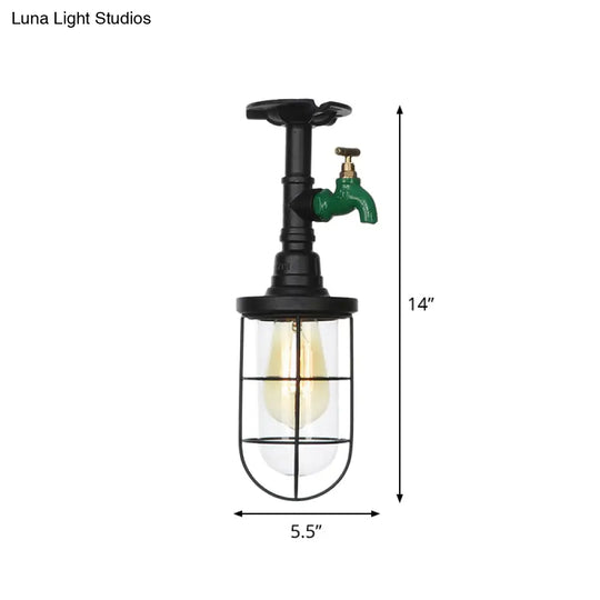 Semi Flushmount Antiqued Black Iron Ceiling Lamp With Clear Glass Shade