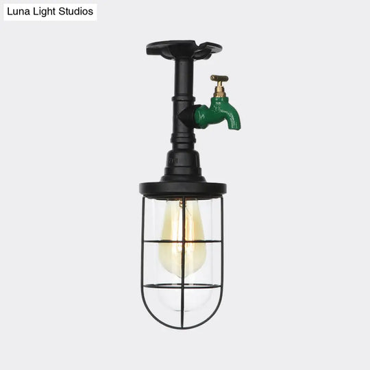 Semi Flushmount Antiqued Black Iron Ceiling Lamp With Clear Glass Shade