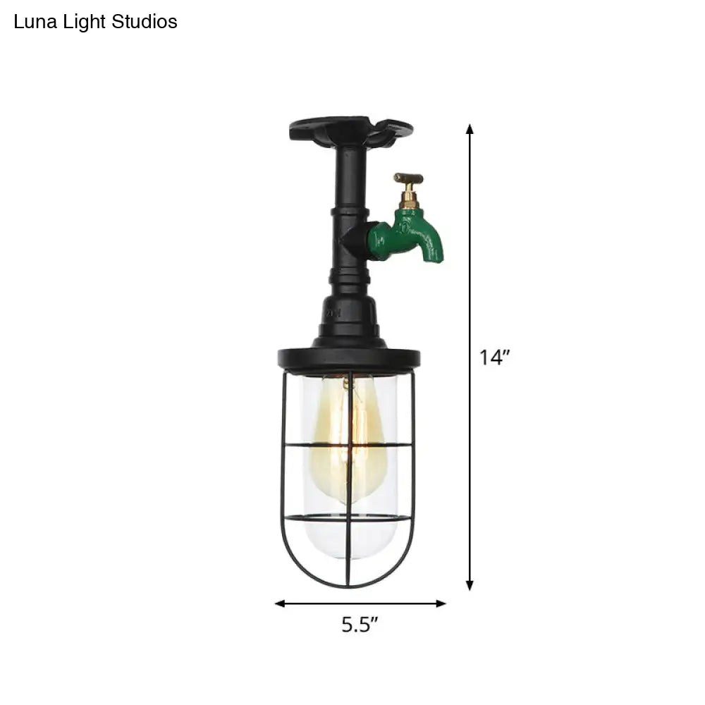 Semi Flushmount Antiqued Black Iron Ceiling Lamp With Clear Glass Shade