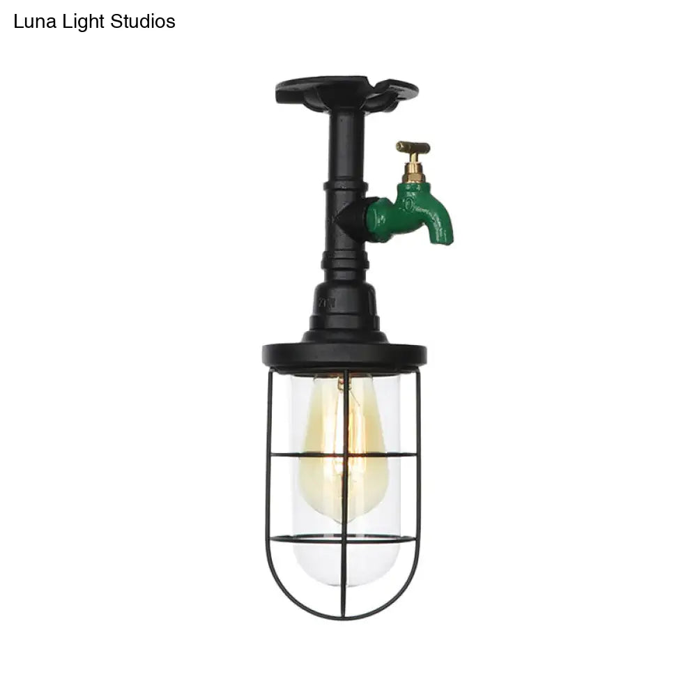 Semi Flushmount Antiqued Black Iron Ceiling Lamp With Clear Glass Shade