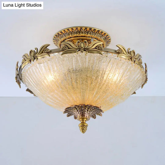 Semi Mount Lighting In Brass With Antiqued Bowl Shaped Flush Light And Clear Variegated Glass
