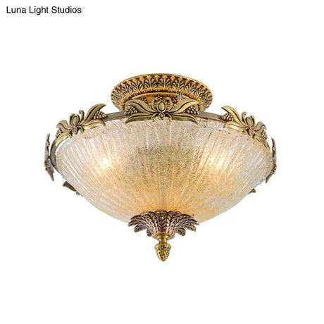 Semi Mount Lighting In Brass With Antiqued Bowl Shaped Flush Light And Clear Variegated Glass