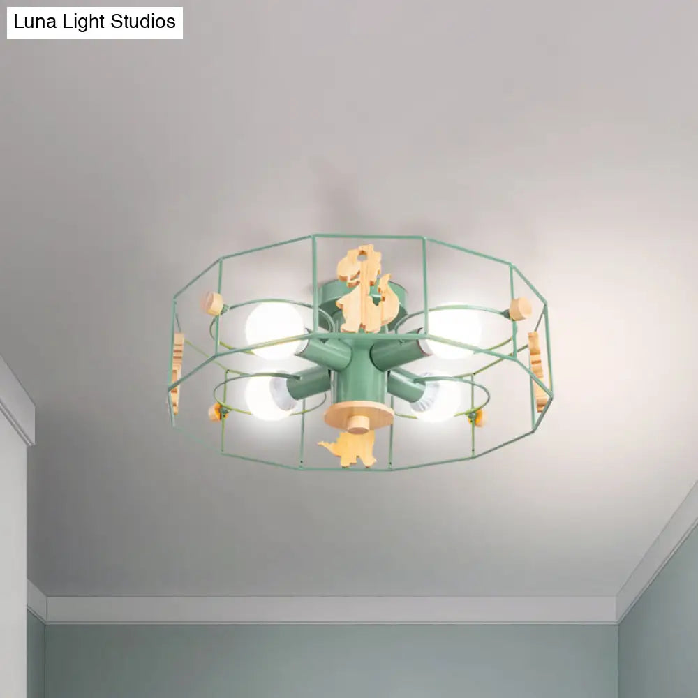 Semi Mount Metal Drum Cage Ceiling Lamp With Dinosaur Decoration - Green Finish 4 Lights