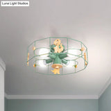 Semi Mount Metal Drum Cage Ceiling Lamp With Dinosaur Decoration - Green Finish 4 Lights