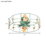 Semi Mount Metal Drum Cage Ceiling Lamp With Dinosaur Decoration - Green Finish 4 Lights