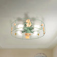 Semi Mount Metal Drum Cage Ceiling Lamp With Dinosaur Decoration - Green Finish 4 Lights