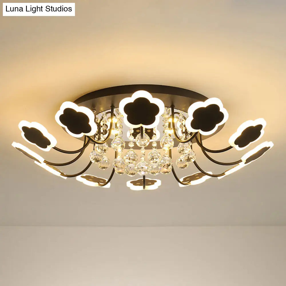 Semi-Mount Petal-Shaped Acrylic Led Ceiling Lamp With Crystal Draping - Black/White 23/27 Width