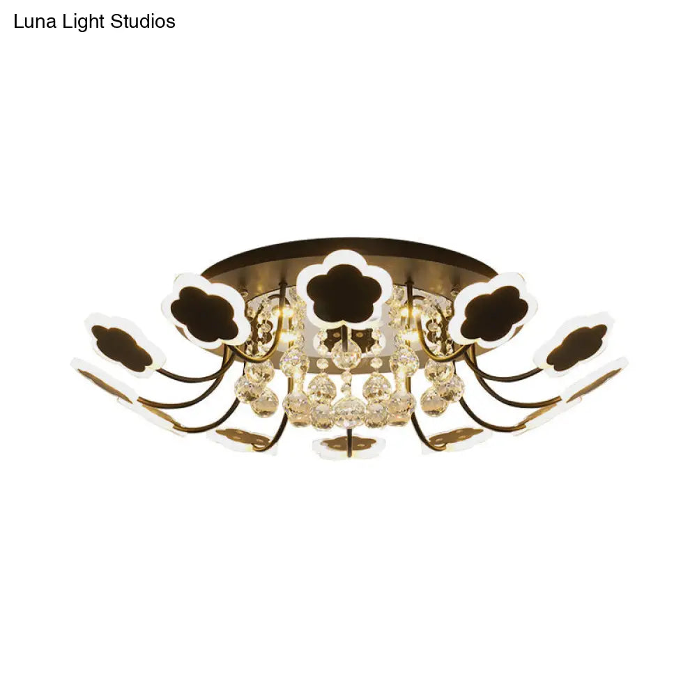 Semi-Mount Petal-Shaped Acrylic Led Ceiling Lamp With Crystal Draping - Black/White 23/27 Width