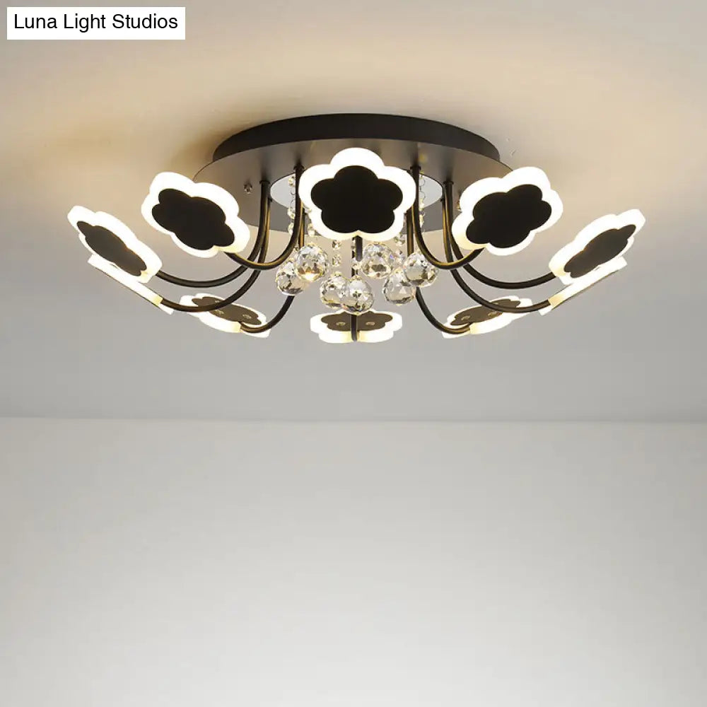Semi - Mount Petal - Shaped Acrylic Led Ceiling Lamp With Crystal Draping - Black/White 23’/27’