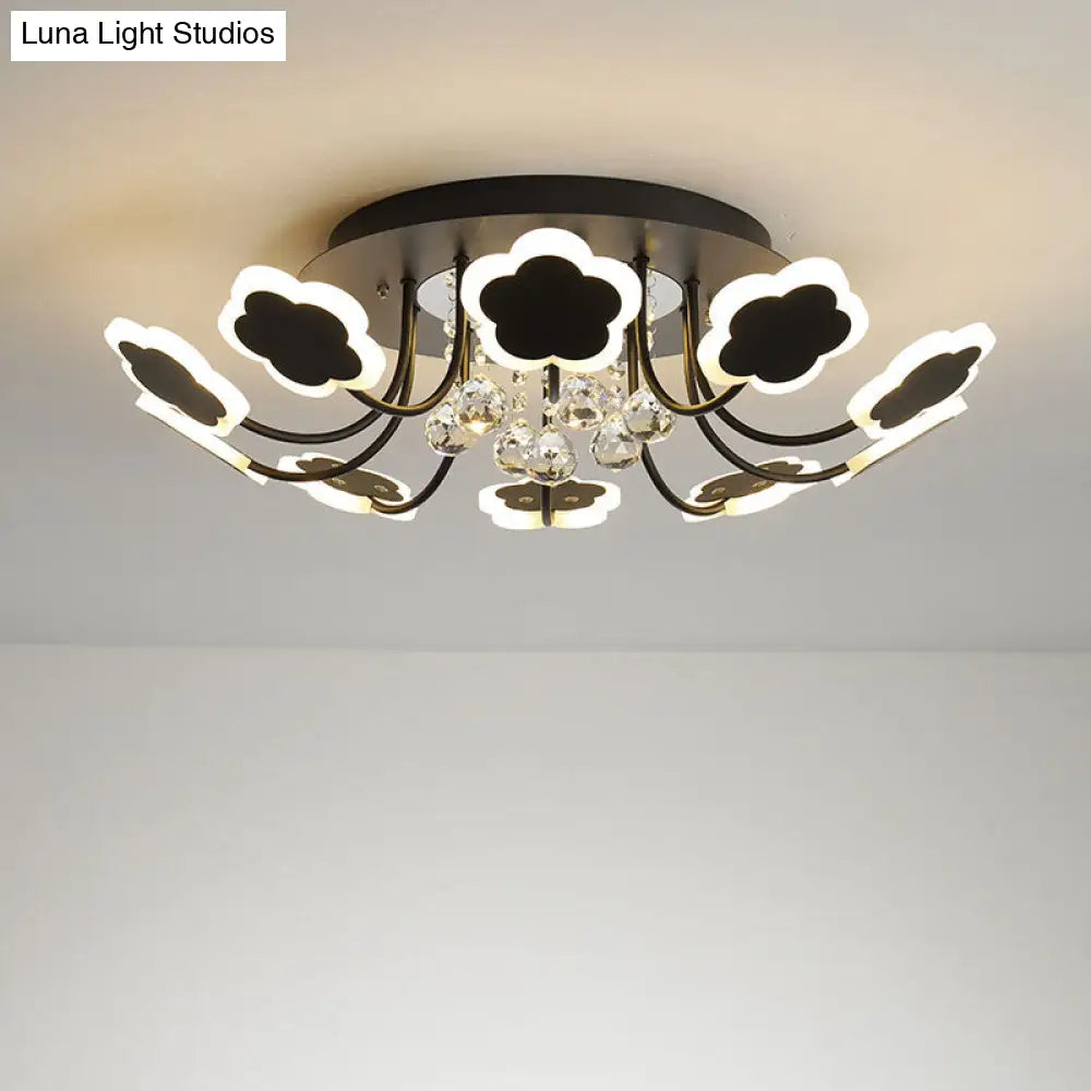 Semi-Mount Petal-Shaped Acrylic Led Ceiling Lamp With Crystal Draping - Black/White 23/27 Width