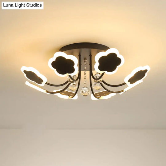 Semi-Mount Petal-Shaped Acrylic Led Ceiling Lamp With Crystal Draping - Black/White 23/27 Width