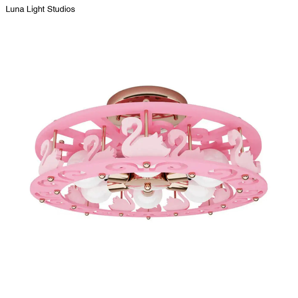 Semi Mount Pink Flush Light Fixture - Metal Drum Design With Bird/Angel Decoration Ideal For Kids
