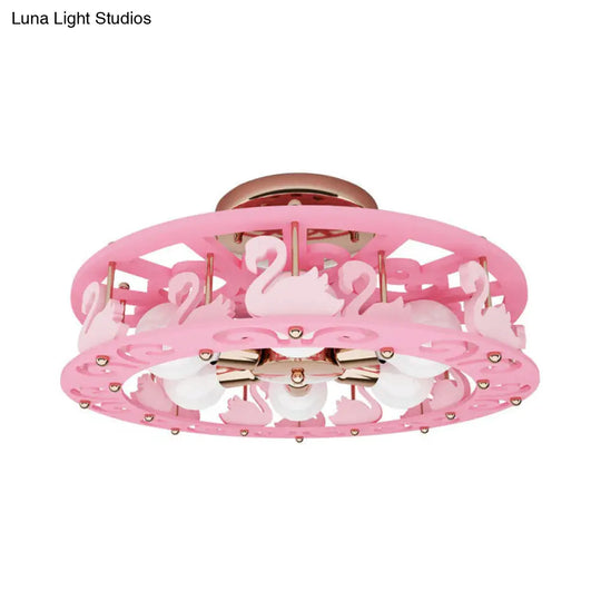 Semi Mount Pink Flush Light Fixture - Metal Drum Design With Bird/Angel Decoration Ideal For Kids