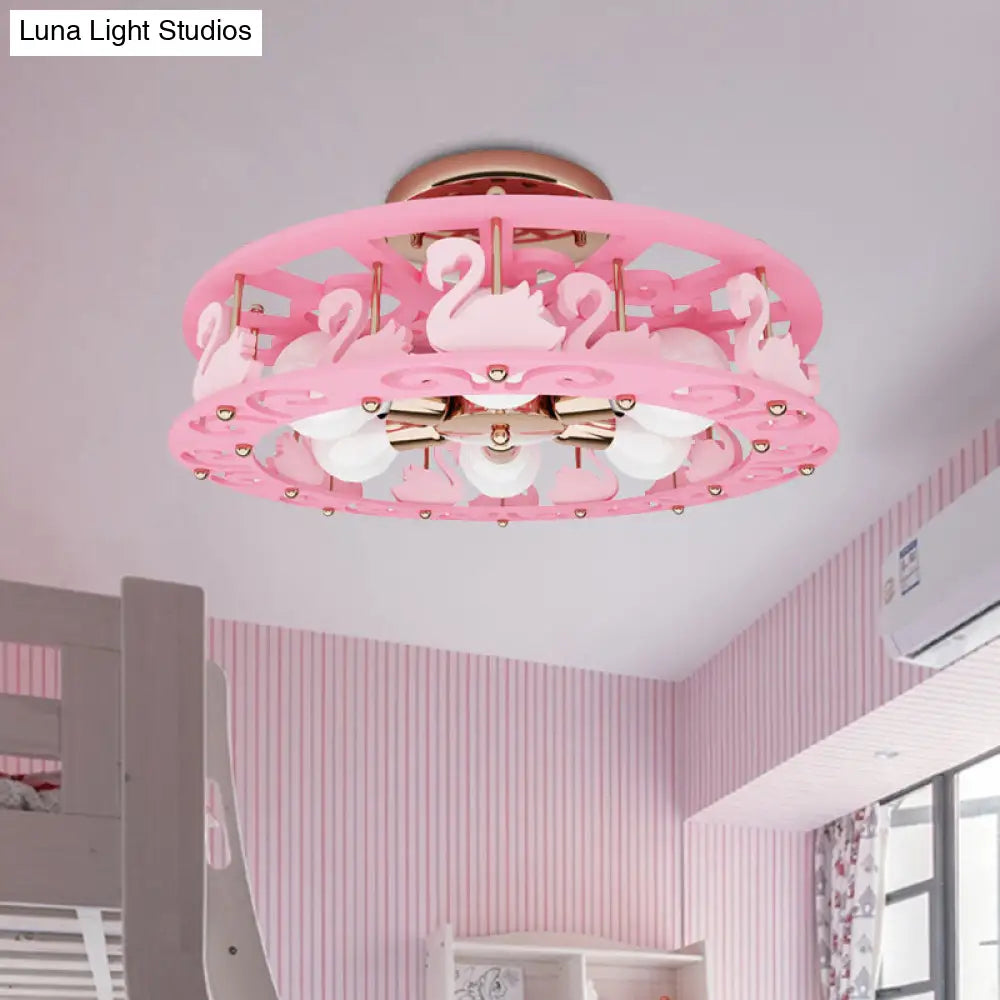 Semi Mount Pink Flush Light Fixture - Metal Drum Design With Bird/Angel Decoration Ideal For Kids