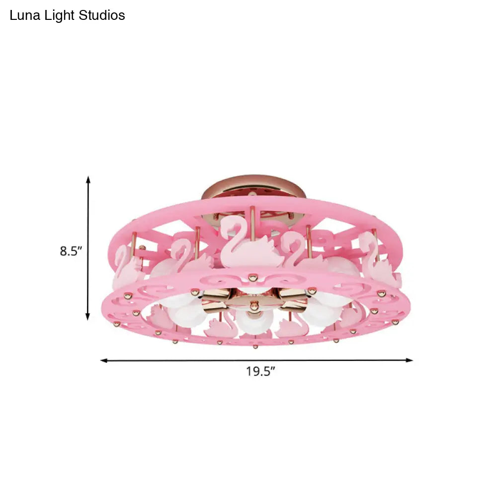 Semi Mount Pink Flush Light Fixture - Metal Drum Design With Bird/Angel Decoration Ideal For Kids