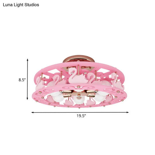 Semi Mount Pink Flush Light Fixture - Metal Drum Design With Bird/Angel Decoration Ideal For Kids
