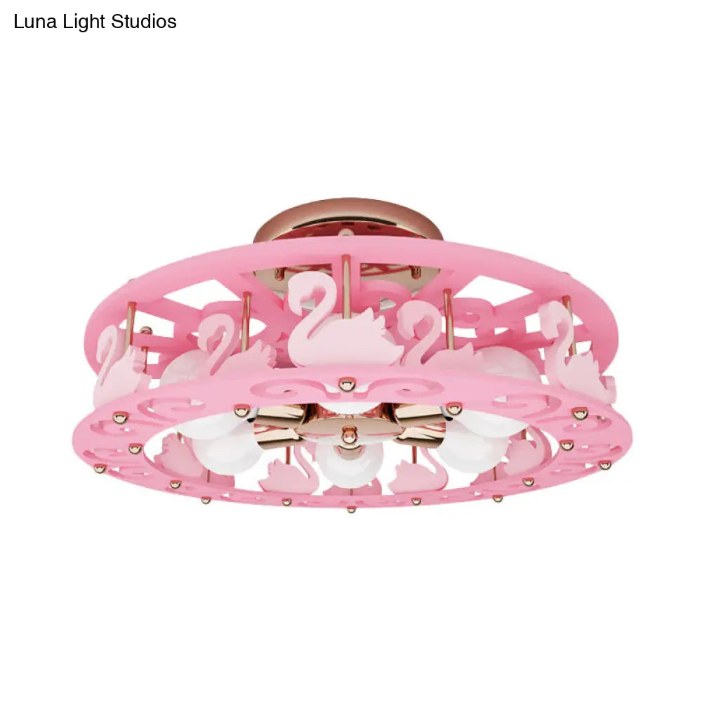 Semi Mount Pink Flush Light Fixture - Metal Drum Design With Bird/Angel Decoration Ideal For Kids