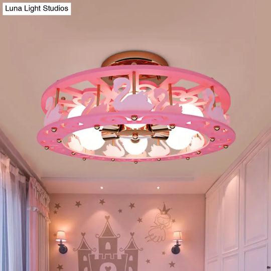 Semi Mount Pink Flush Light Fixture - Metal Drum Design With Bird/Angel Decoration Ideal For Kids