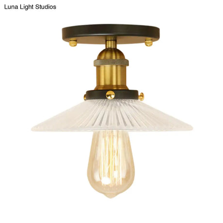 Semi Mount Ribbed Glass Cone Ceiling Light In Black/Brass/Copper - Industrial Style For Living Room