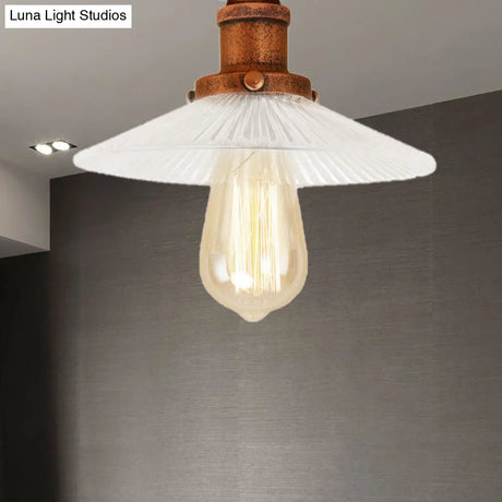 Semi Mount Ribbed Glass Cone Ceiling Light In Black/Brass/Copper - Industrial Style For Living Room