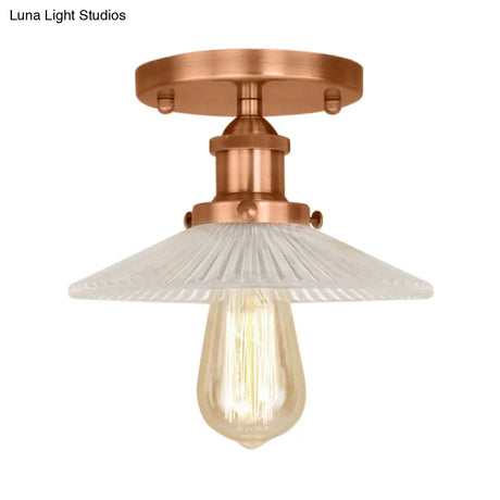 Semi Mount Ribbed Glass Cone Ceiling Light In Black/Brass/Copper - Industrial Style For Living Room