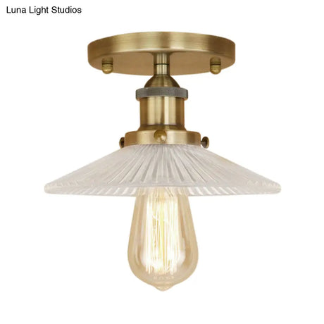 Semi Mount Ribbed Glass Cone Ceiling Light In Black/Brass/Copper - Industrial Style For Living Room