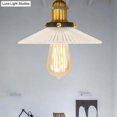 Semi Mount Ribbed Glass Cone Ceiling Light In Black/Brass/Copper - Industrial Style For Living Room