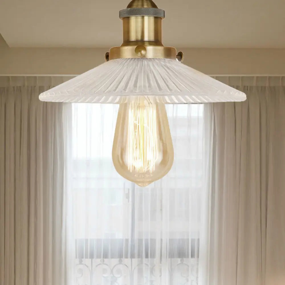 Semi Mount Ribbed Glass Cone Ceiling Light In Black/Brass/Copper - Industrial Style For Living Room