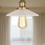 Semi Mount Ribbed Glass Cone Ceiling Light In Black/Brass/Copper - Industrial Style For Living Room