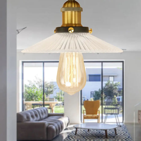 Semi Mount Ribbed Glass Cone Ceiling Light In Black/Brass/Copper - Industrial Style For Living Room