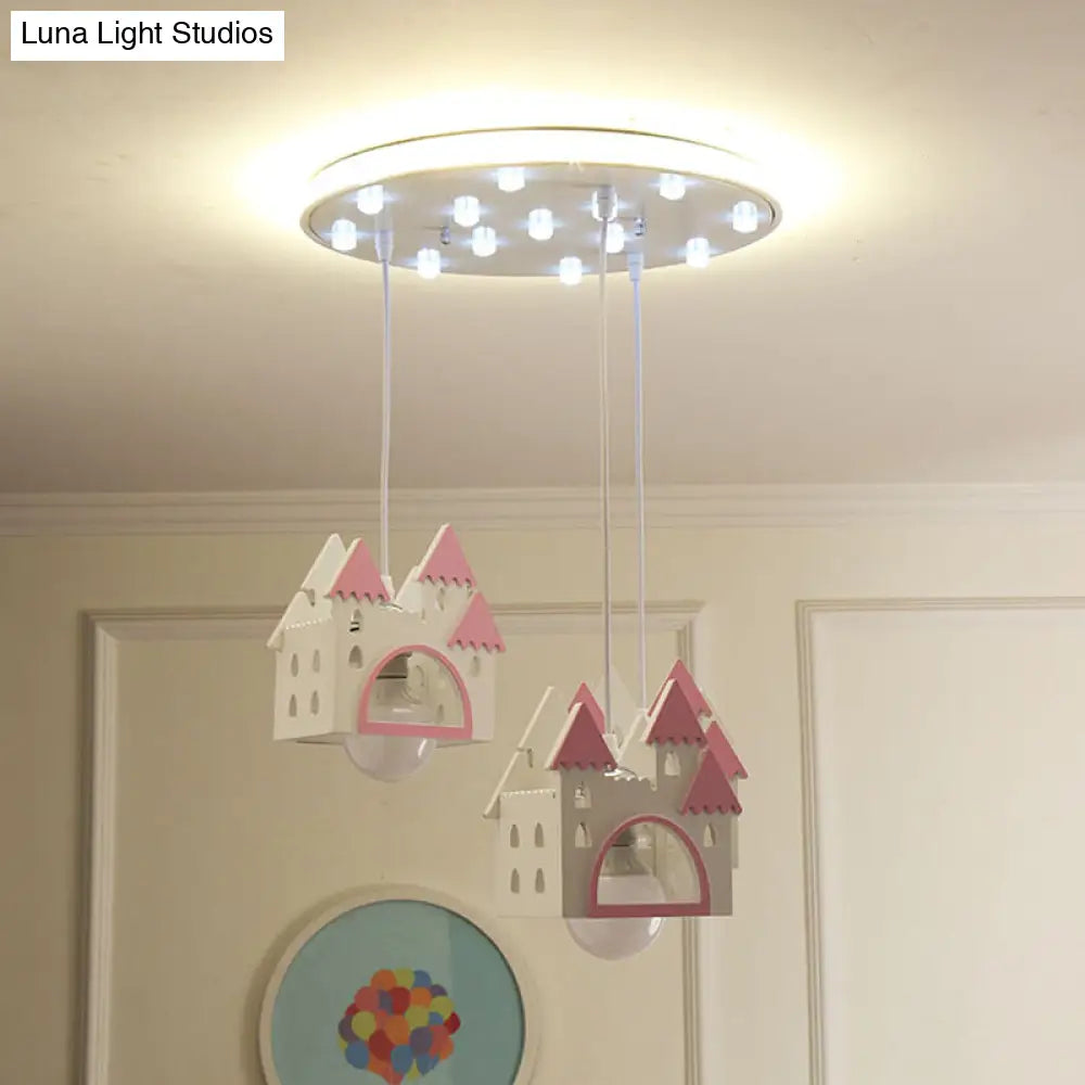 Semi Mount Wooden House Cartoon Flush Light With 3 Lights - White Nursery Fixture