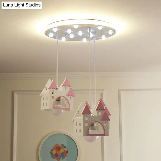 Semi Mount Wooden House Cartoon Flush Light With 3 Lights - White Nursery Fixture