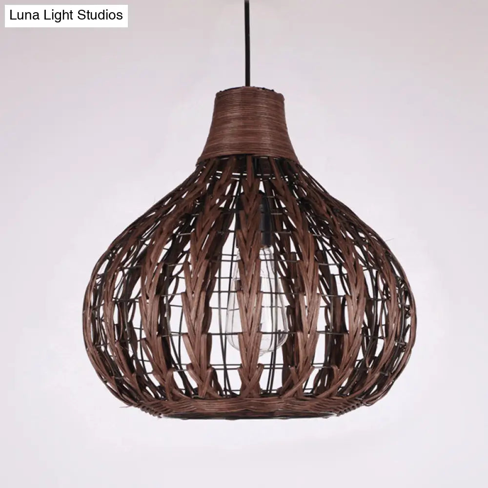 Shaded Onion Ceiling Light - Asian Style Rattan Restaurant Hanging Fixture