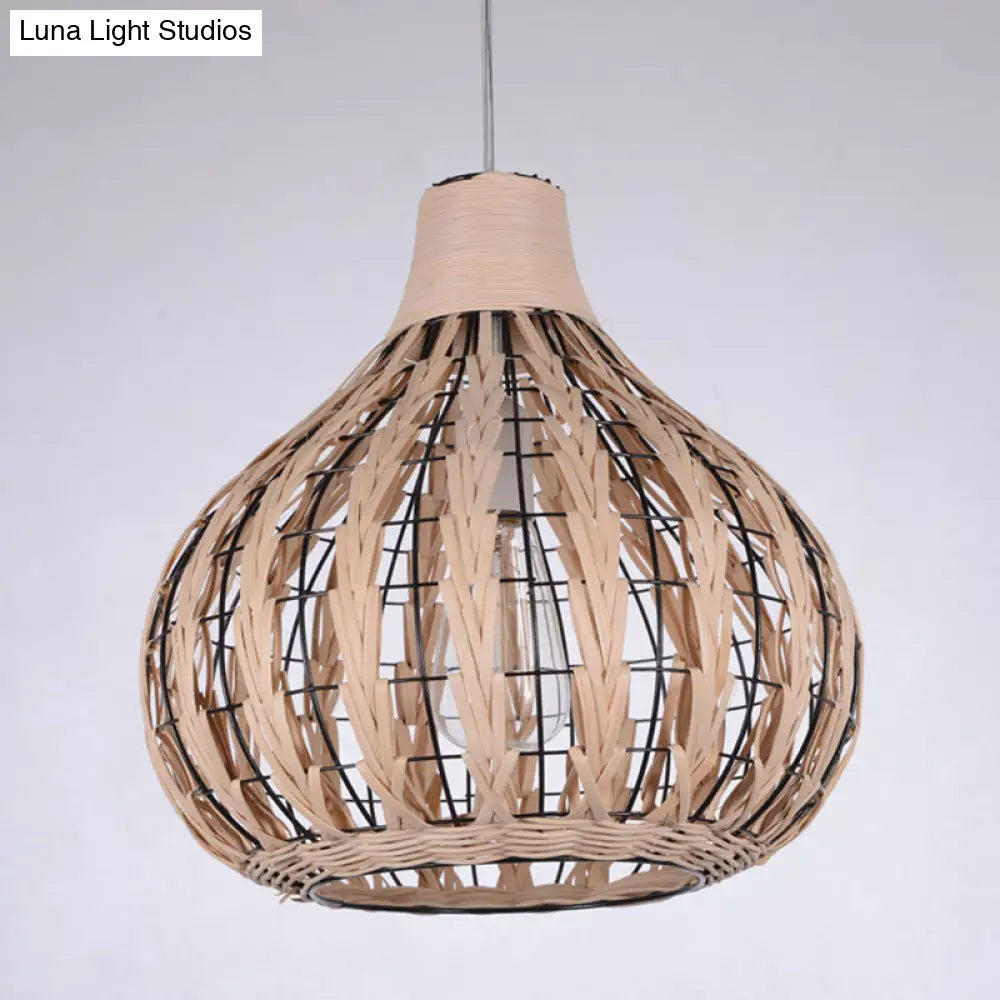 Shaded Onion Ceiling Light - Asian Style Rattan Restaurant Hanging Fixture