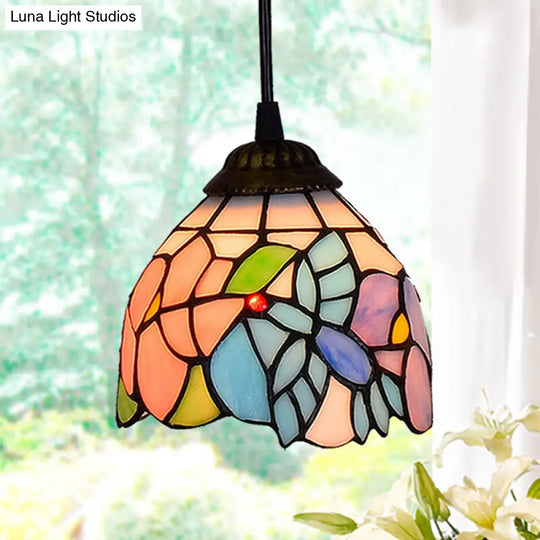 Stained Art Glass Tiffany Pendant Light - Stylish Shaded Suspension Fixture For Corridor 1 Bulb Pink