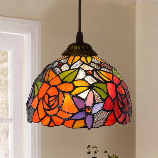 Shaded Tiffany Glass Pendant Light - Elegant 1-Bulb Suspension Fixture For Corridor Orange Red