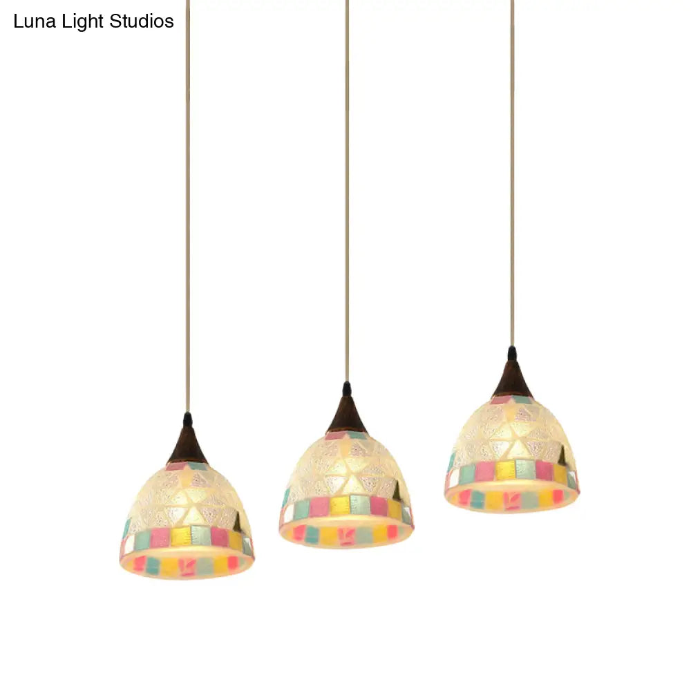 Mediterranean Style Shell Bell Pendant Light With Mosaic Edge - 3-Light Bronze Hanging Lamp