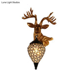 Sika Deer Head Wall Sconce: Countryside Gold Resin Lamp With Crystal Shade