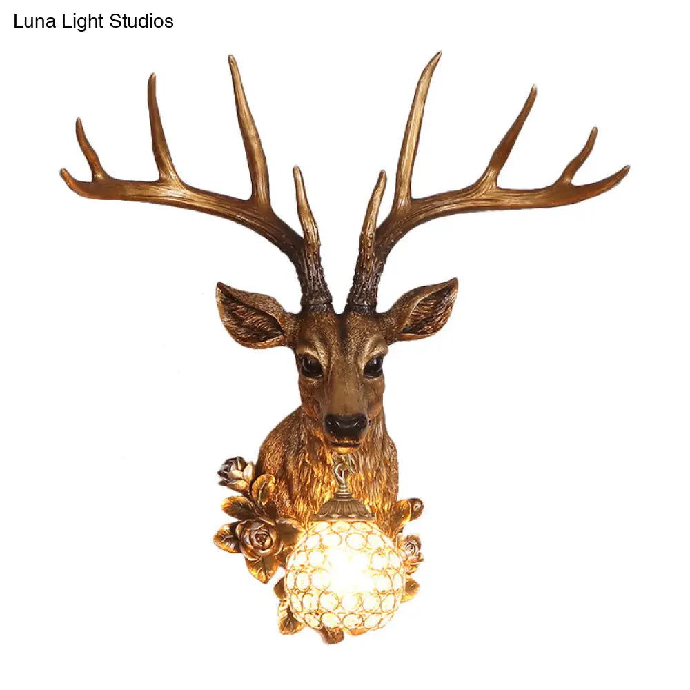 Sika Deer Resin Wall Light: Countryside 1-Head Floral Sconce With Crystal Shade - White/Brown/Bronze