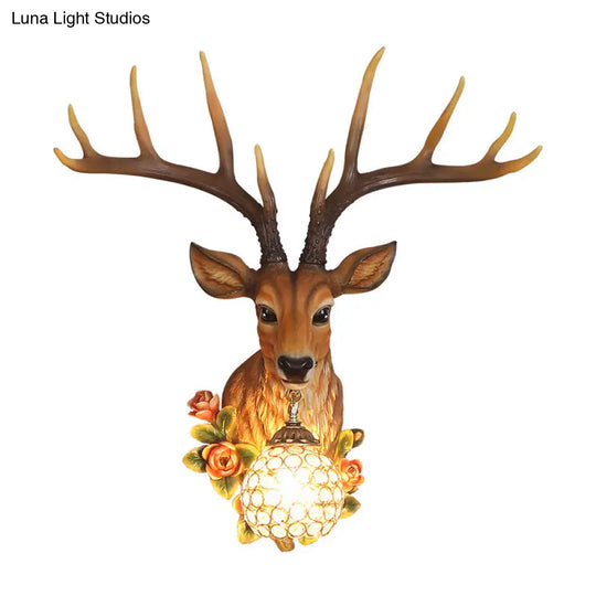 Sika Deer Resin Wall Light: Countryside 1-Head Floral Sconce With Crystal Shade - White/Brown/Bronze