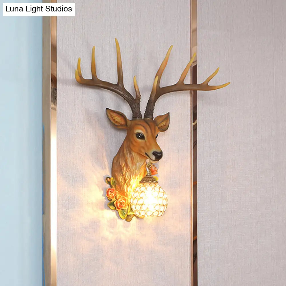 Sika Deer Resin Wall Light: Countryside 1-Head Floral Sconce With Crystal Shade - White/Brown/Bronze