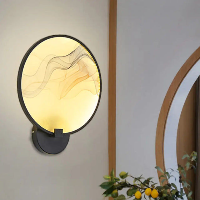 Silk Flush Wall Mural Sconce: Circle Design Led Mounted Lighting Fixture In Asia Fabric White/Beige