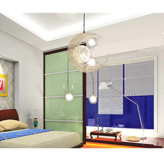 Silber Aluminium Fee Mond und Stern Schnur Anhänger Lampe für Mädchen Schlafzimmer Dekoration Hängen Lampe Mond Lampe
