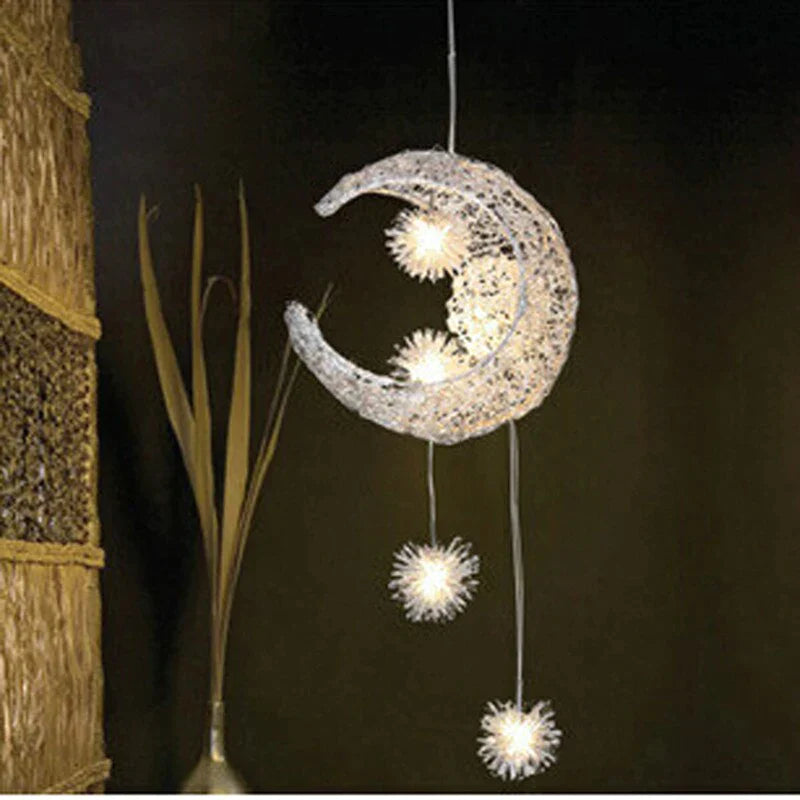 Silber Aluminium Fee Mond und Stern Schnur Anhänger Lampe für Mädchen Schlafzimmer Dekoration Hängen Lampe Mond Lampe