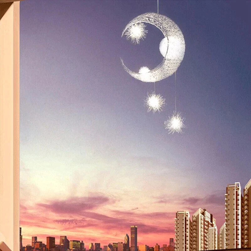 Silber Aluminium Fee Mond und Stern Schnur Anhänger Lampe für Mädchen Schlafzimmer Dekoration Hängen Lampe Mond Lampe