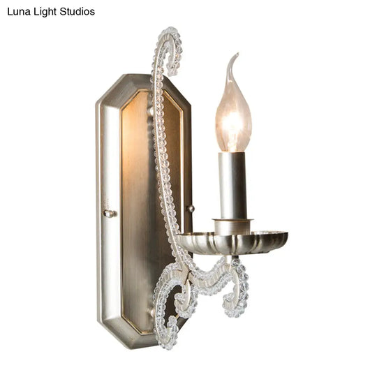 Silver Crystal Beaded Wall Lighting Fixture: Elegant Rustic Candlestick Lamp For Corridor
